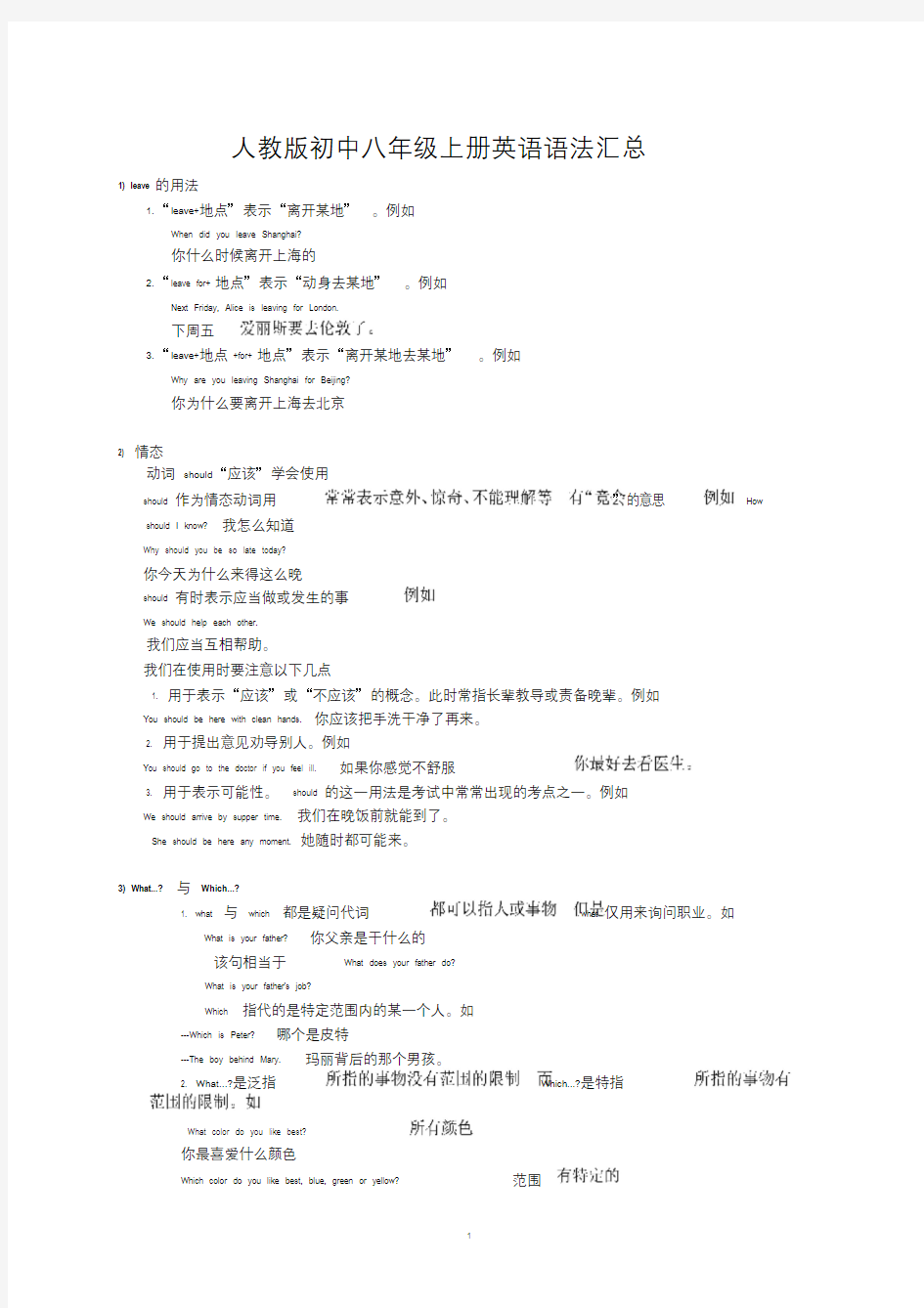 人教版初中八年级,上册英语语法汇总