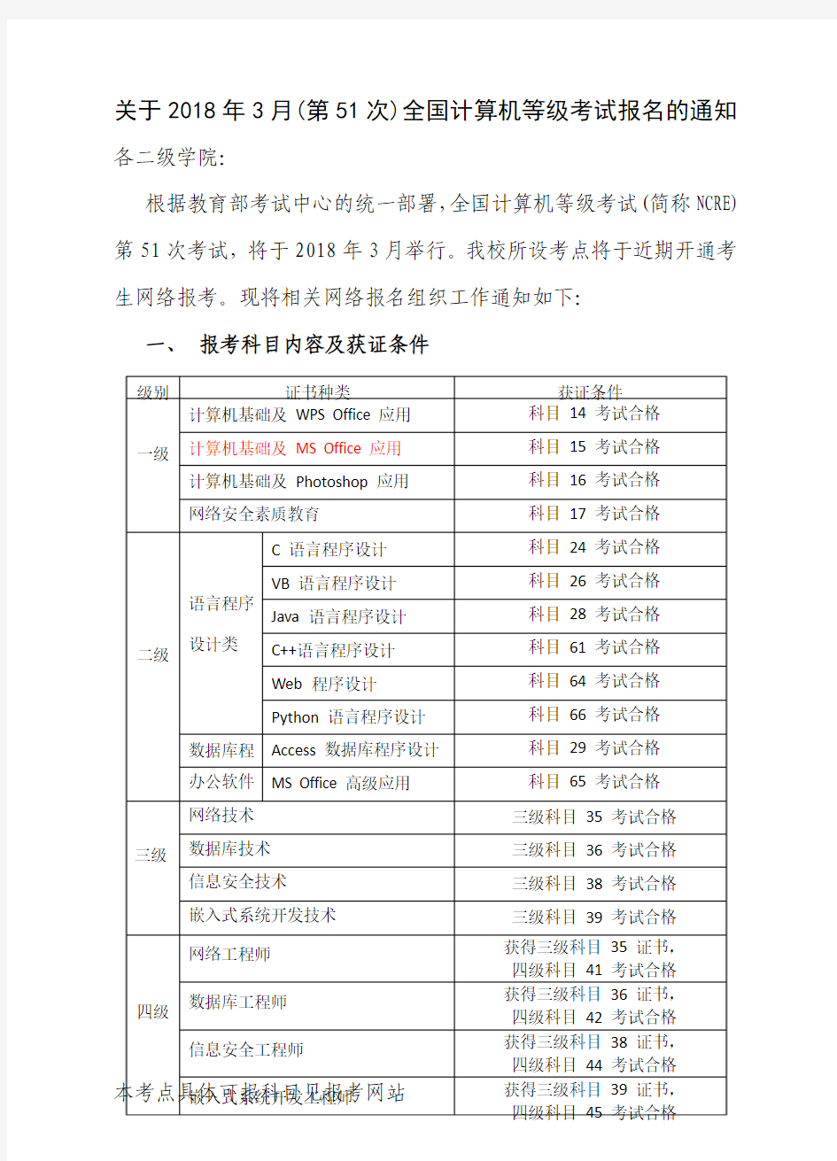 关于2018年3月(第51次)全国计算机等级考试报名的通知