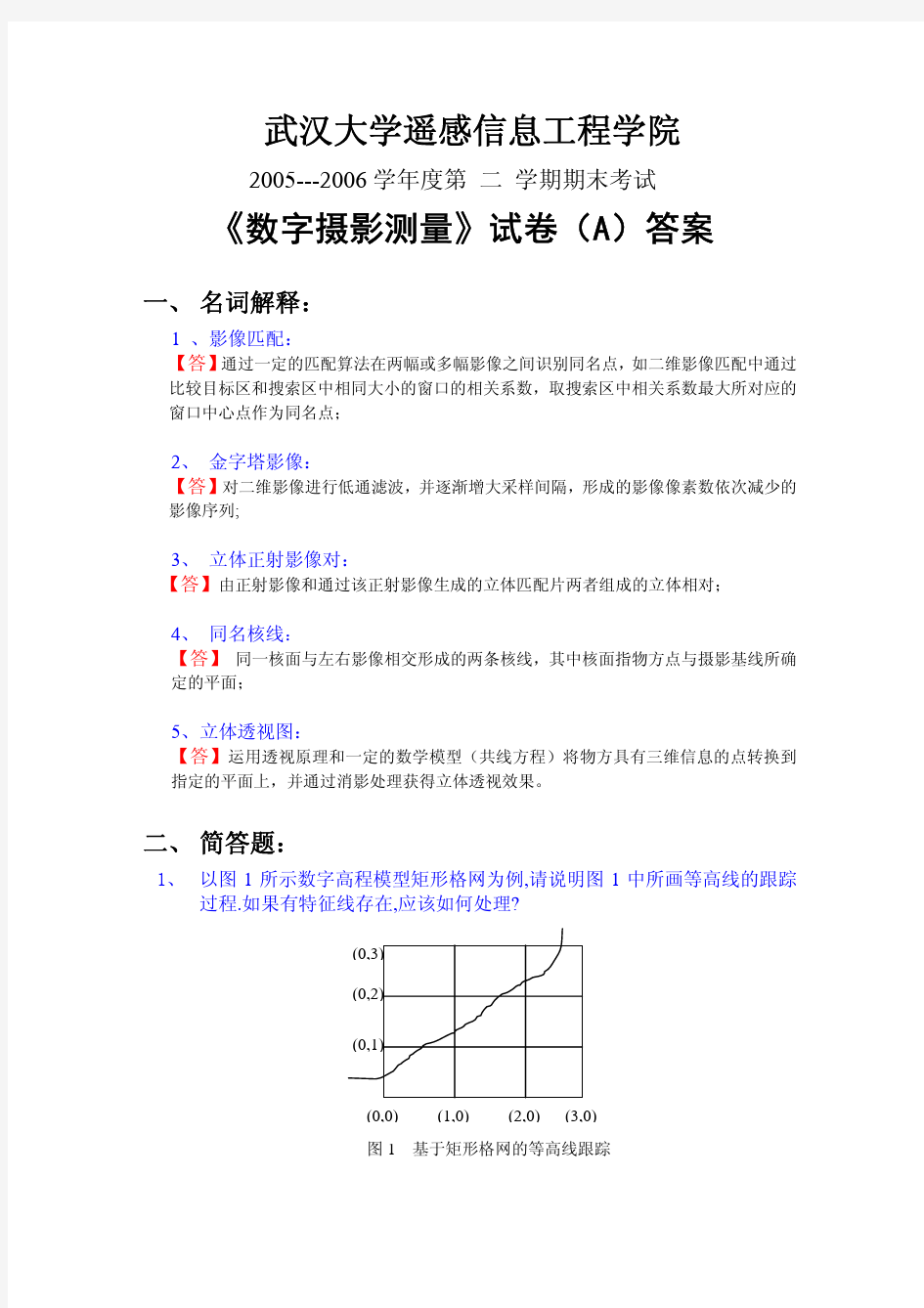 武汉大学数字摄影测量学试卷及答案 