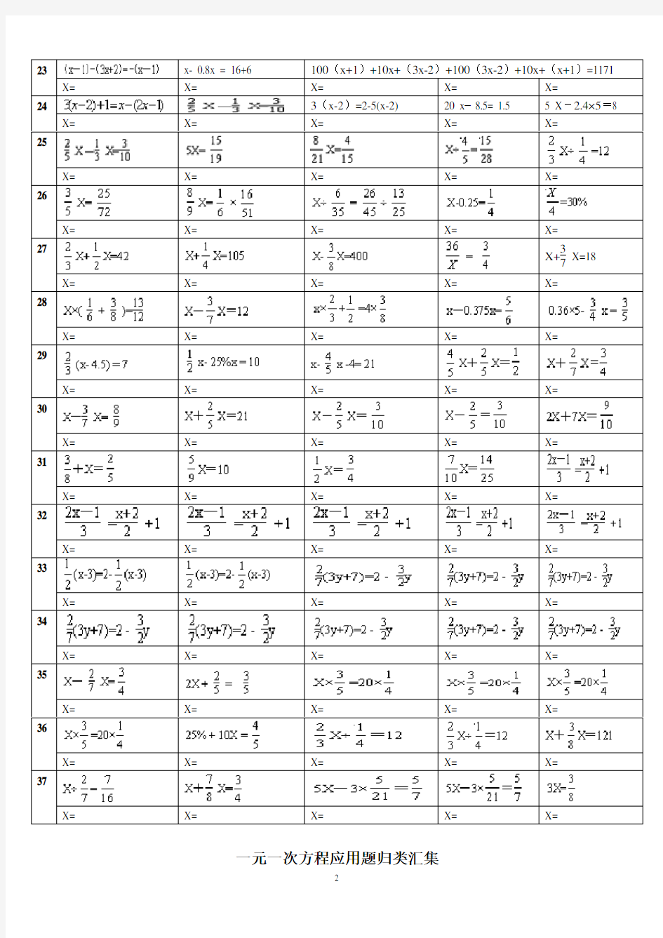 小学六年级数学解方程练习题