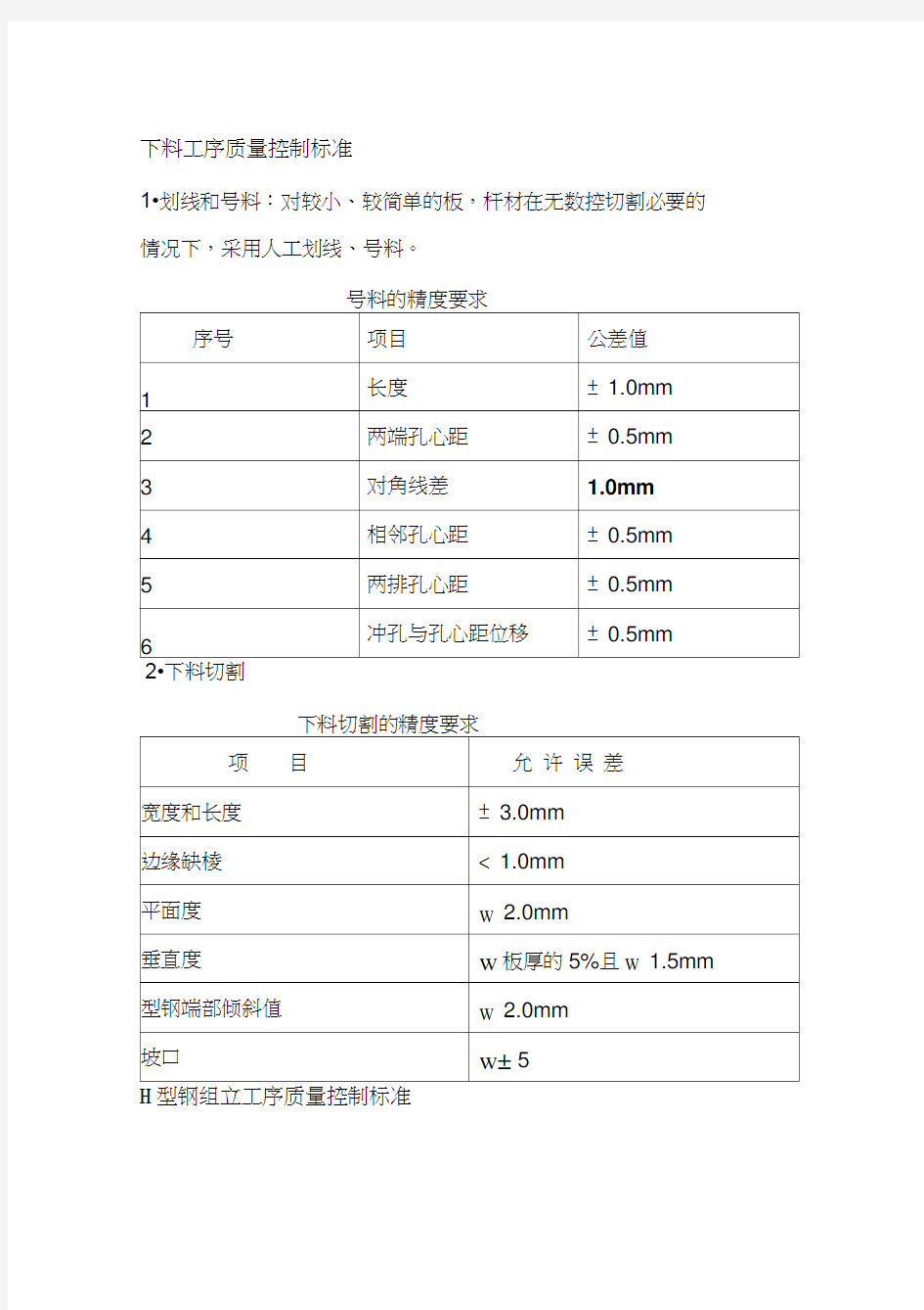 钢结构各工序质量控制标准