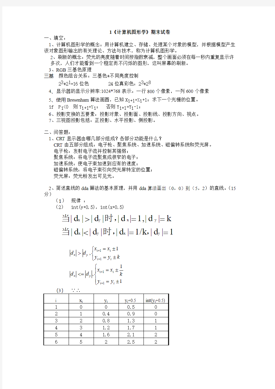 《计算机图形学》期末试卷及部分答案