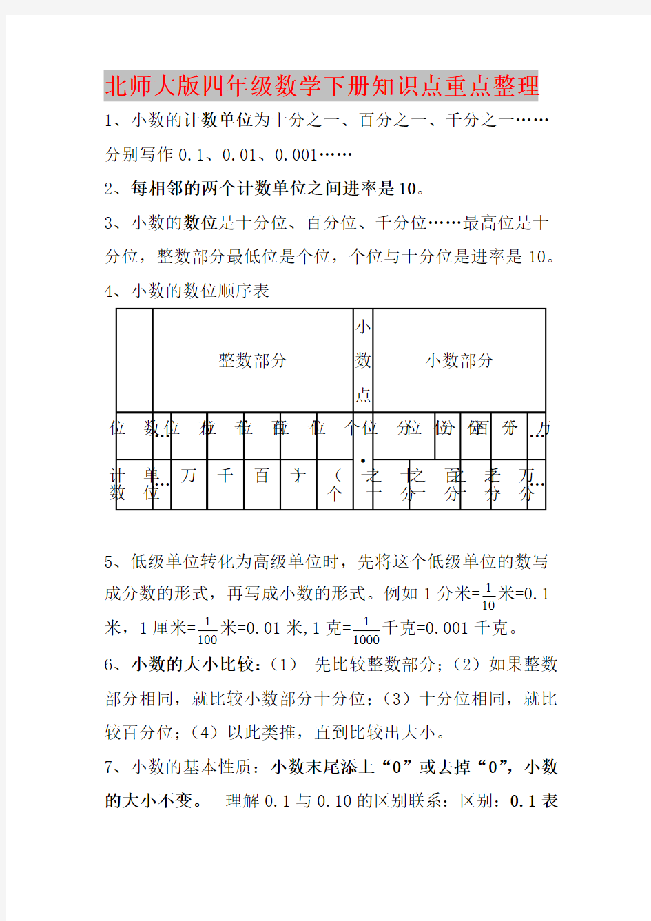 北师大版四年级数学下册知识点重点整理