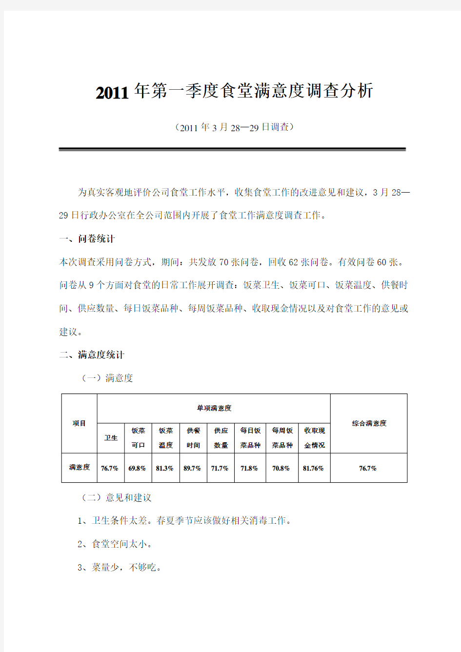 食堂满意度调查问卷分析