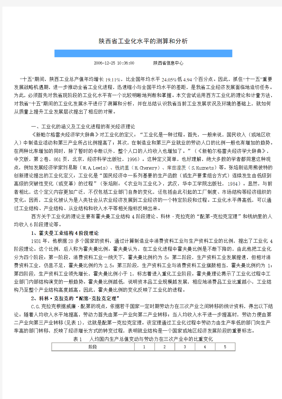 陕西省工业化水平的测算和分析