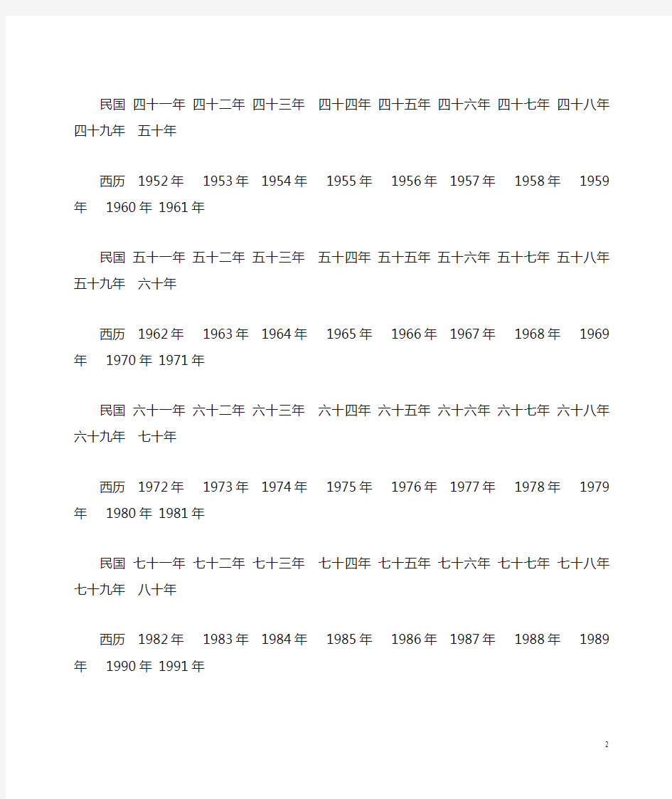 中华民国历与公元对照表