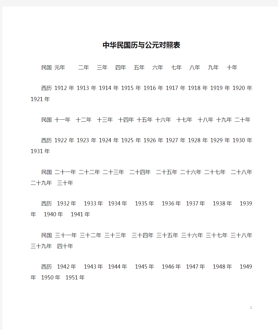 中华民国历与公元对照表