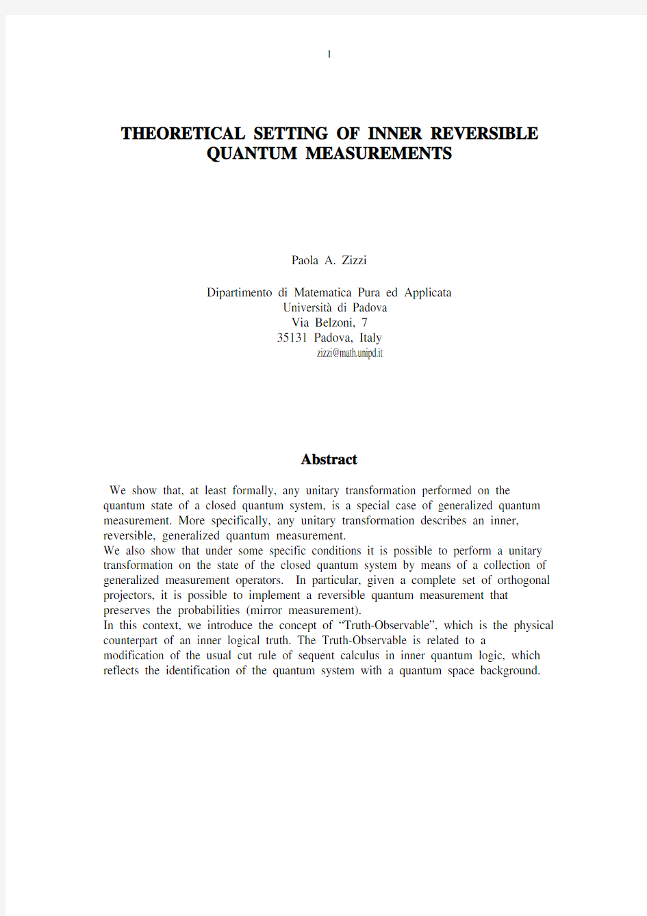 1 THEORETICAL SETTING OF INNER REVERSIBLE QUANTUM MEASUREMENTS