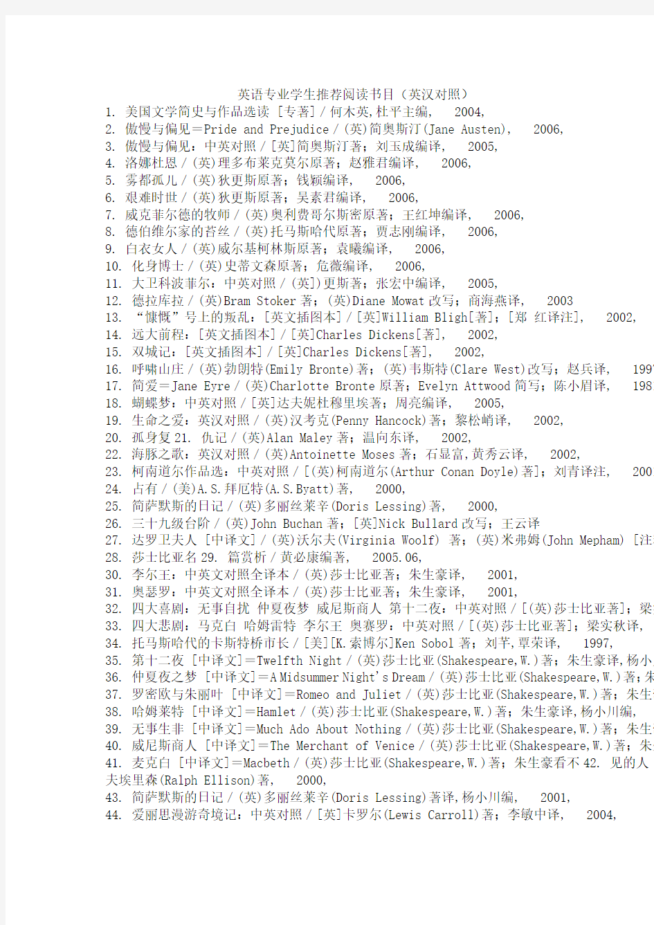 大学英语专业推荐阅读书目