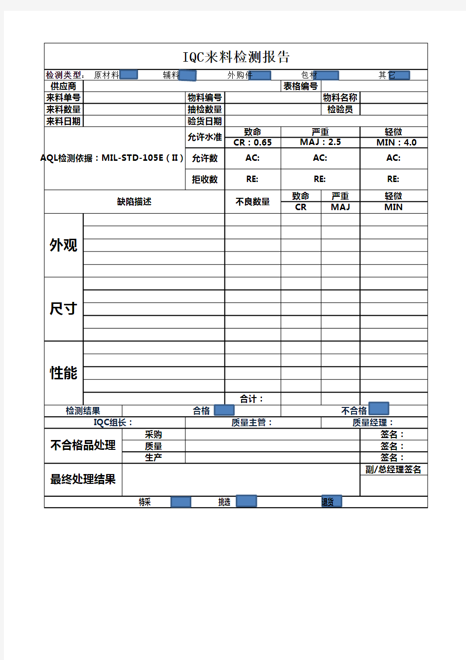 IQC(来料)检测报告模板