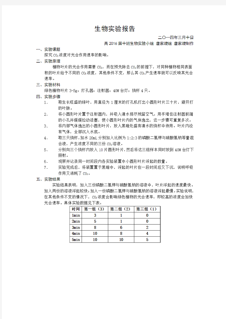 二氧化碳对光合速率的影响——生物实验报告