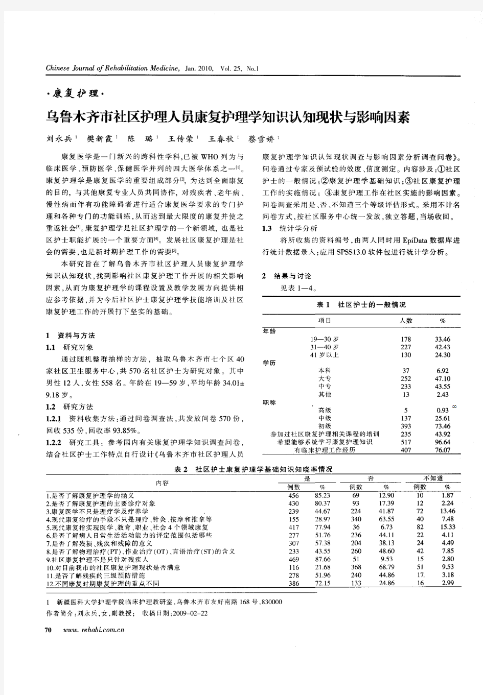 乌鲁木齐市社区护理人员康复护理学知识认知现状与影响因素