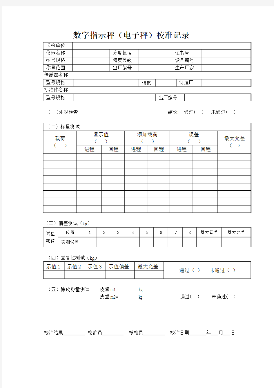 数字指示秤(电子秤)校准记录