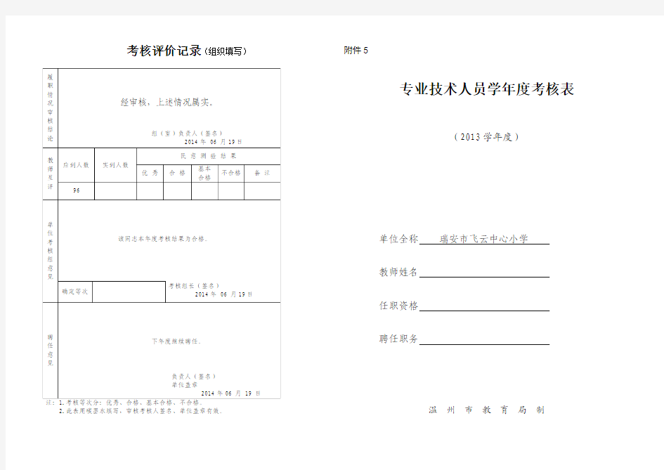 考核评价记录(组织填写)