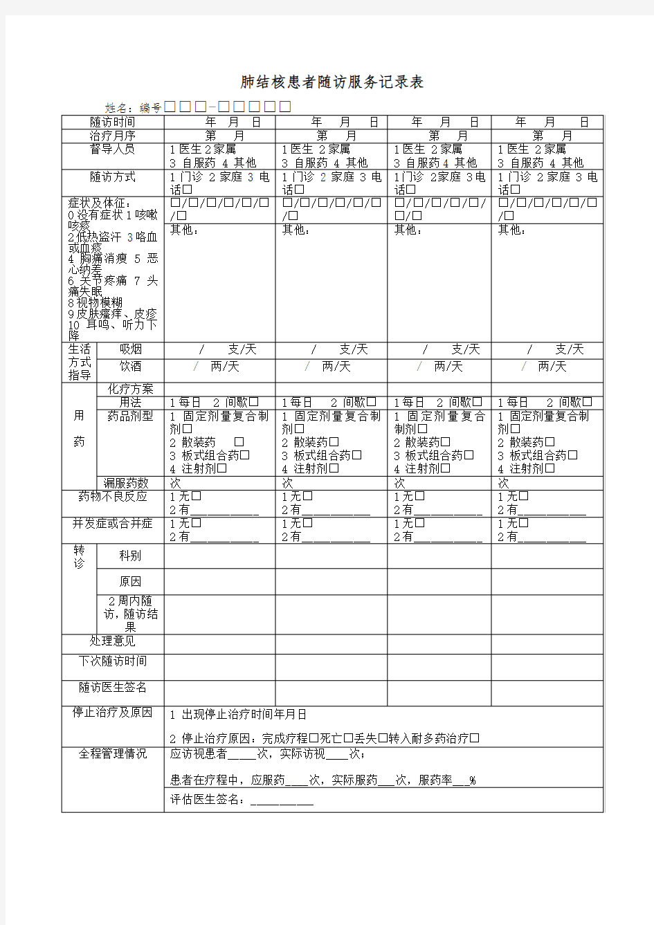 肺结核患者随访服务记录表