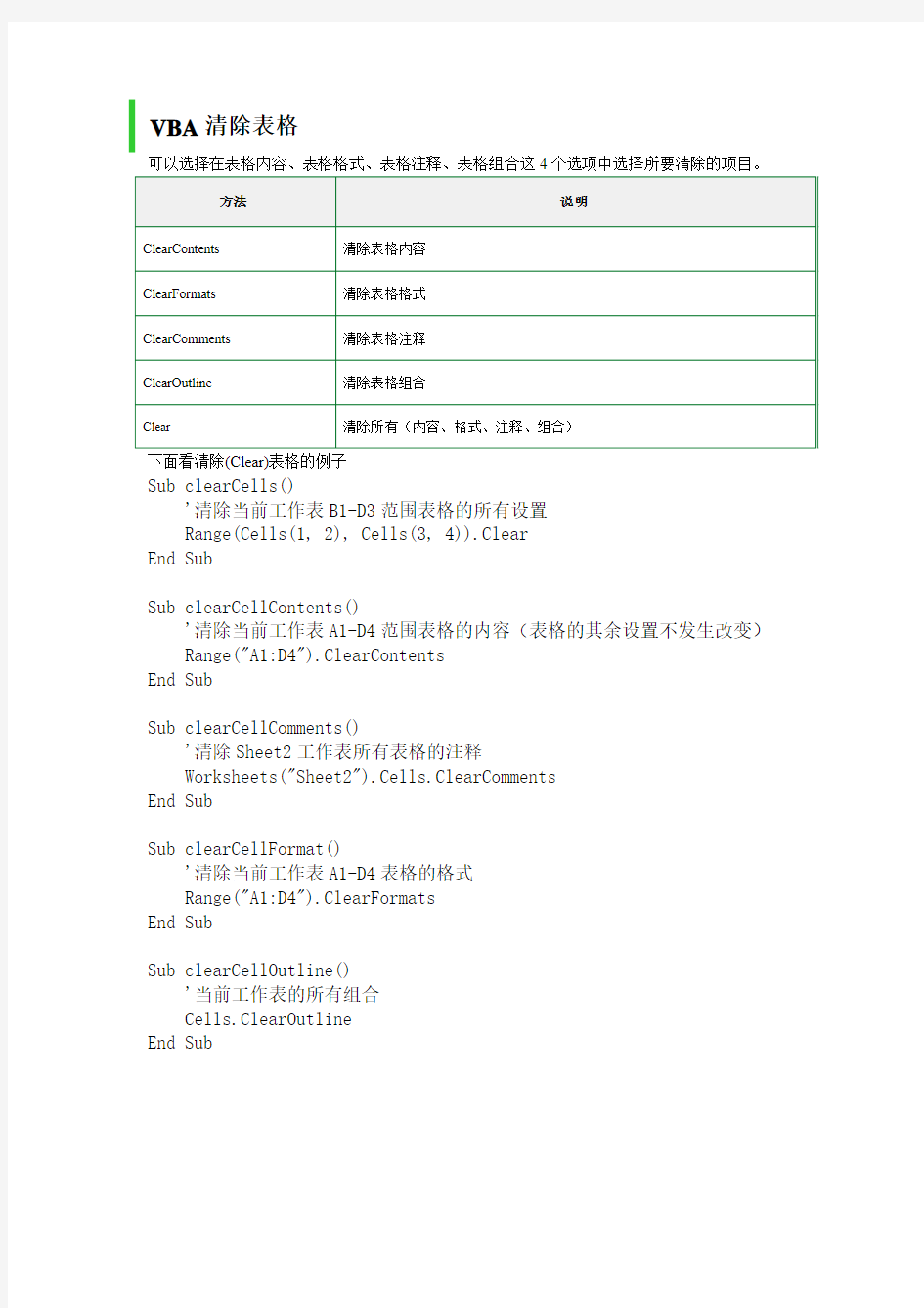 EXCEL VBA清除表格