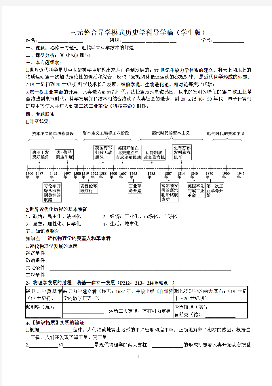 人民版必修三专题七导学稿(学生版)