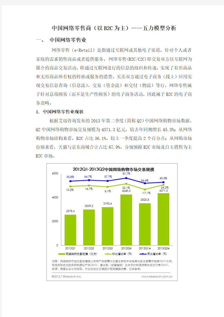 中国网络零售商(以B2C为主)—波特五力模型分析