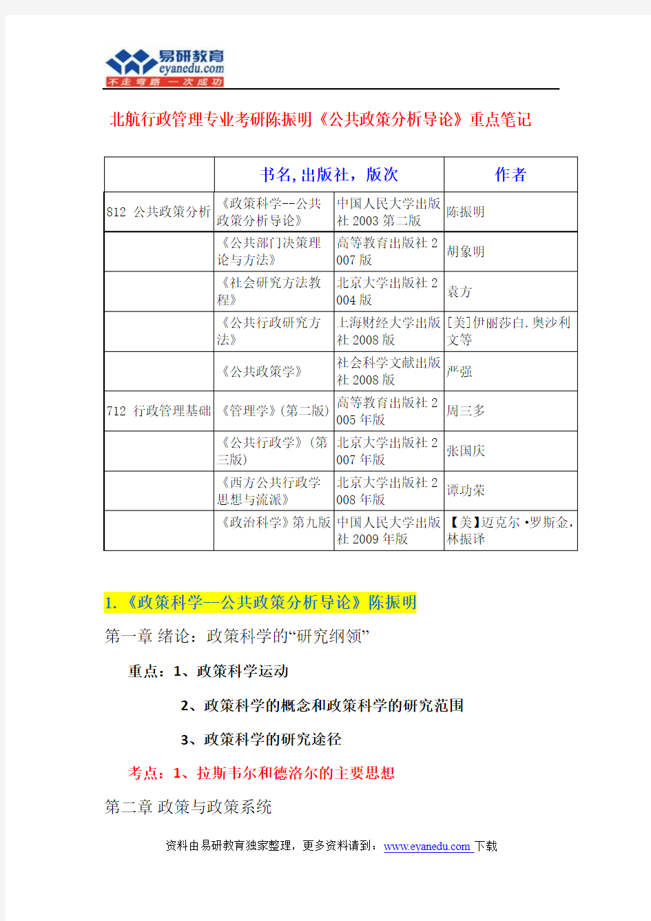 北航行政管理专业考研陈振明《公共政策分析导论》重点笔记