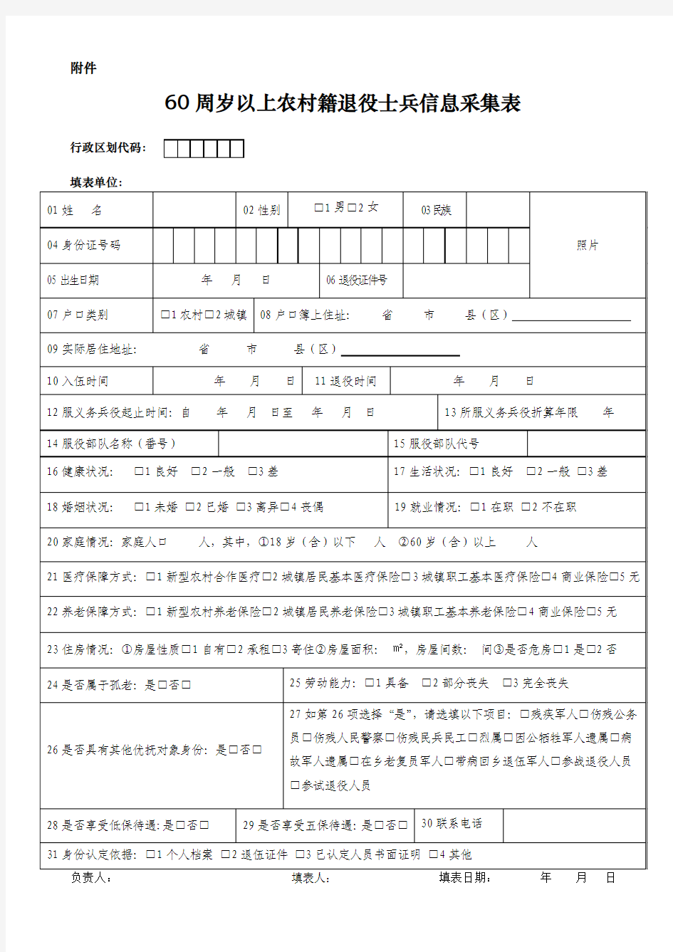 农村退伍军人补贴登记表