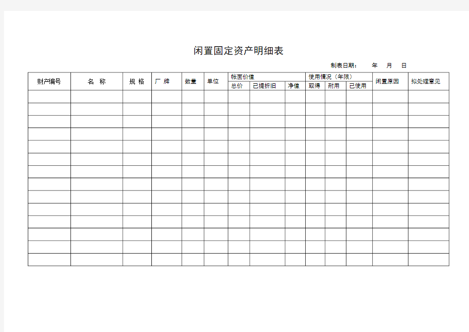 闲置固定资产明细表