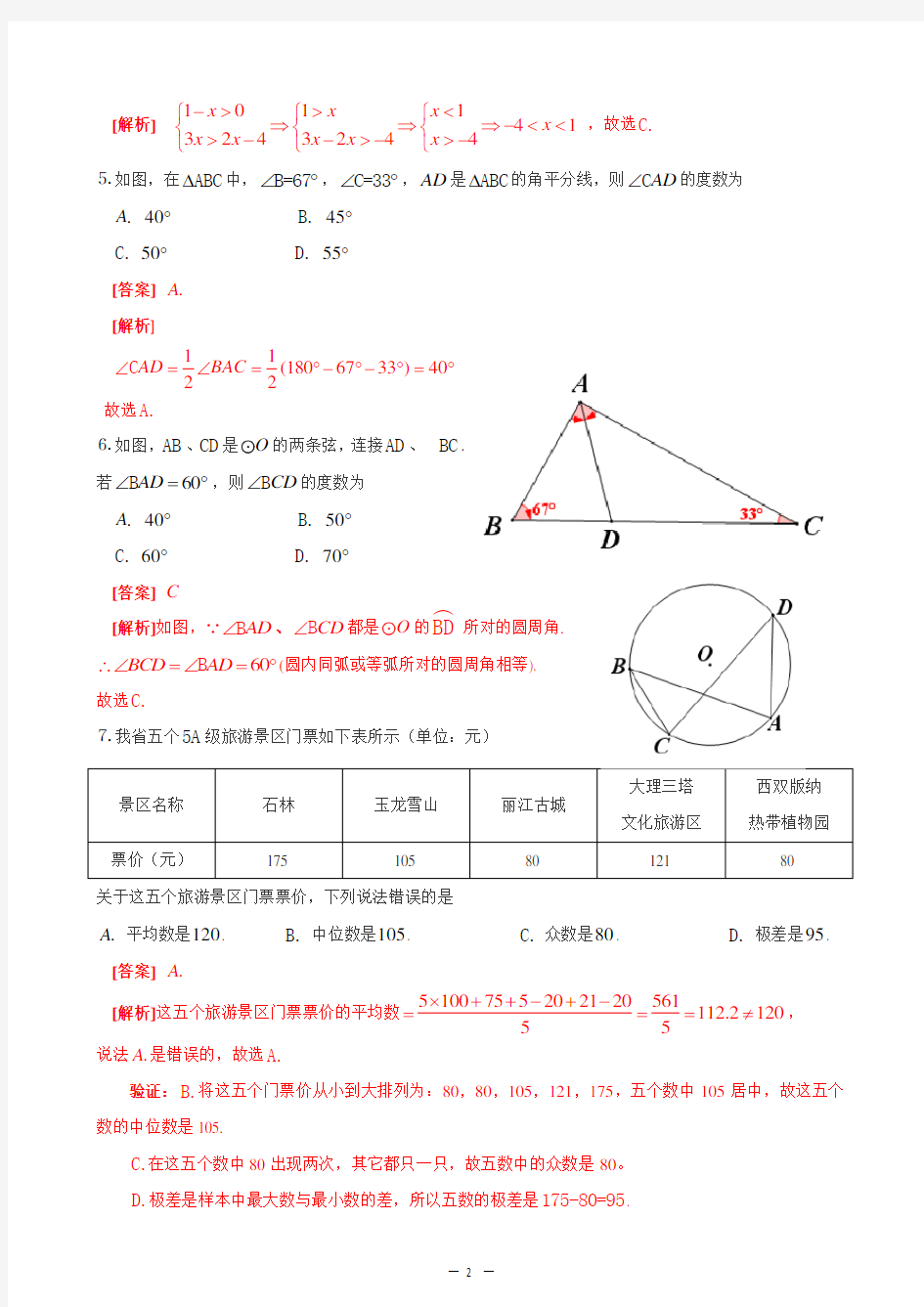2012年云南省中考数学试题及答案