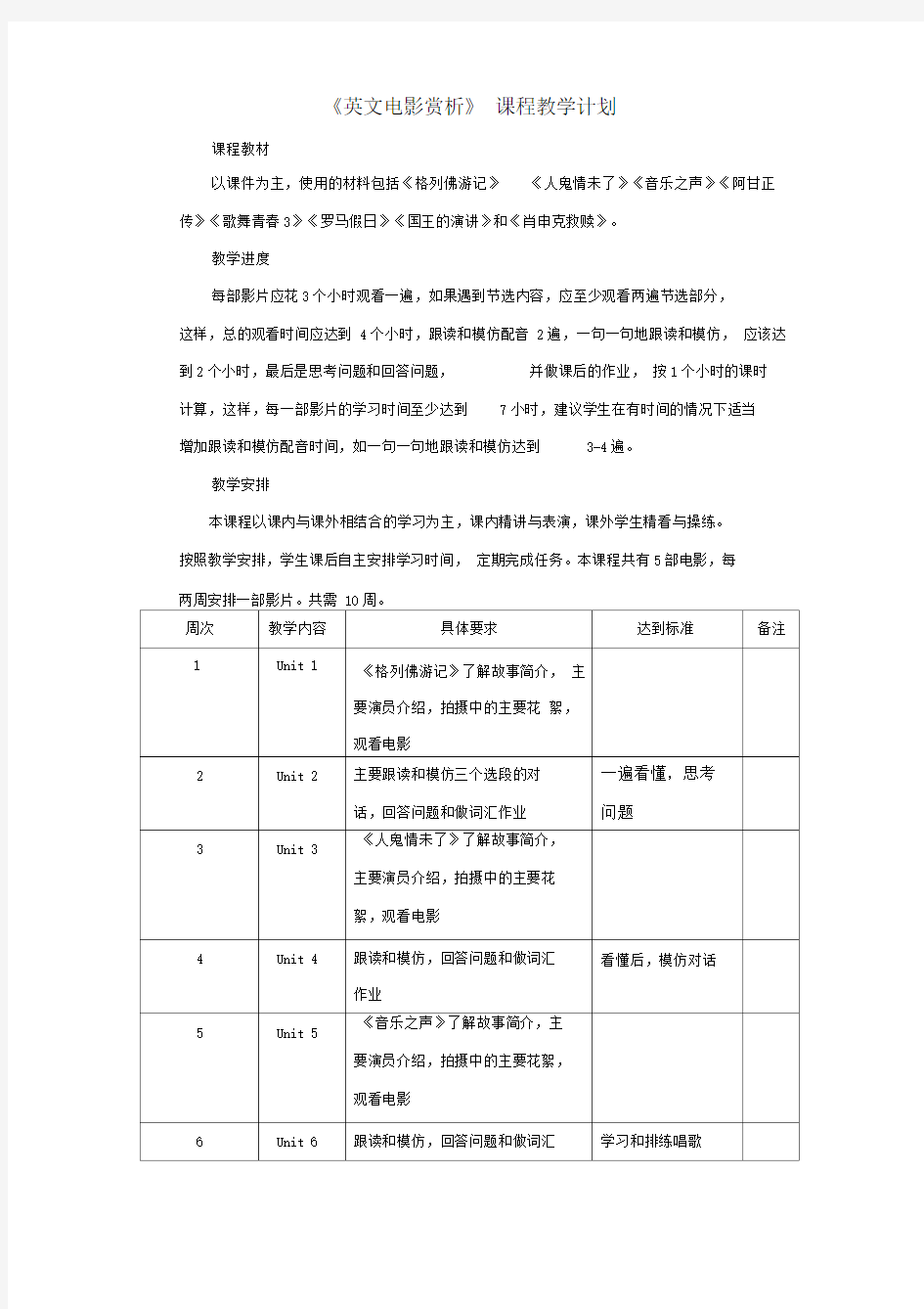 英文电影赏析课程教学计划.doc