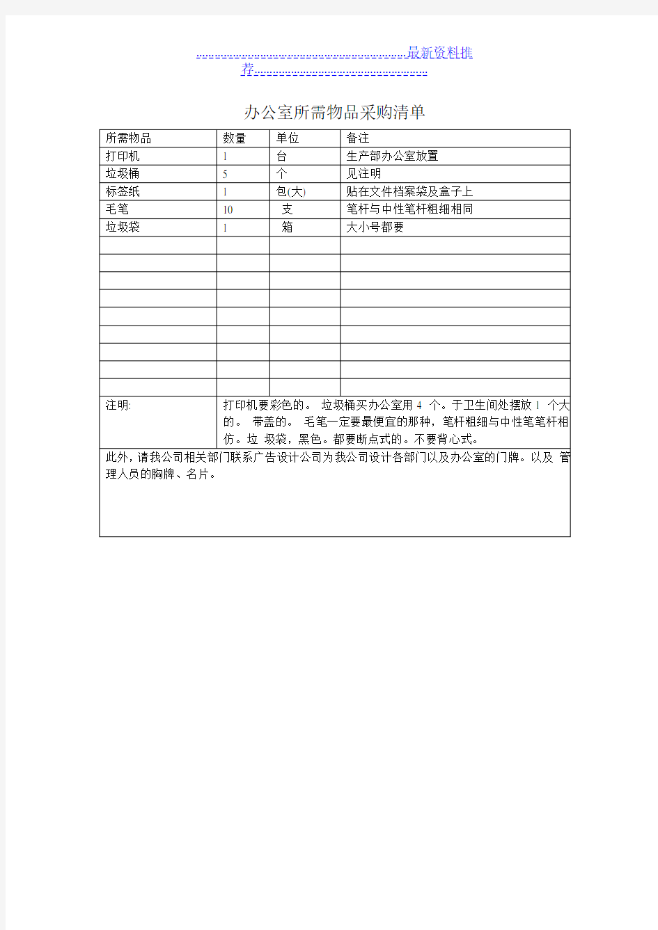 办公室所需物品采购清单