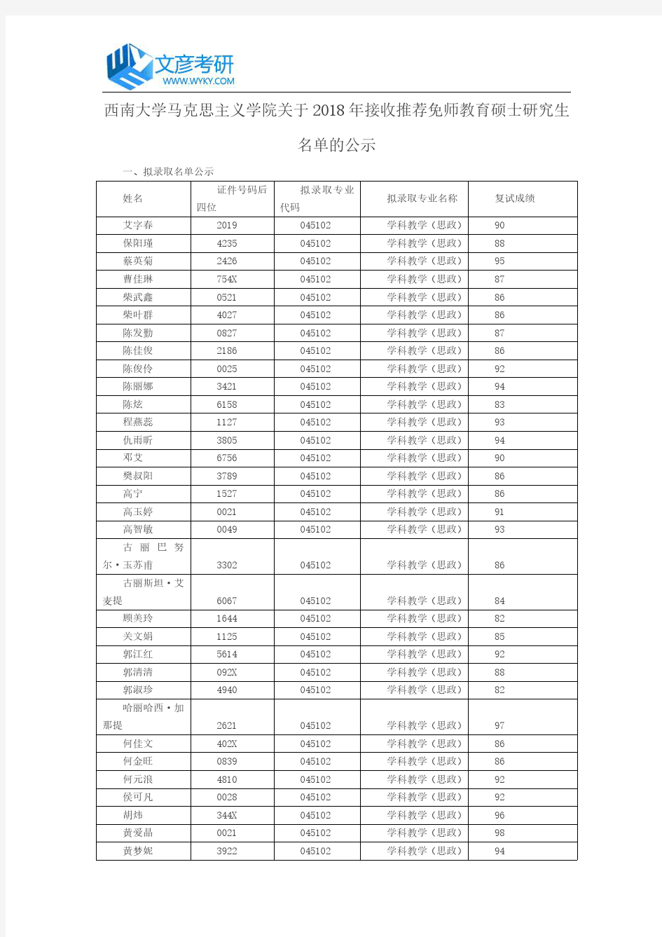 西南大学马克思主义学院关于2018年接收推荐免师教育硕士研究生名单的公示_西南大学考研网