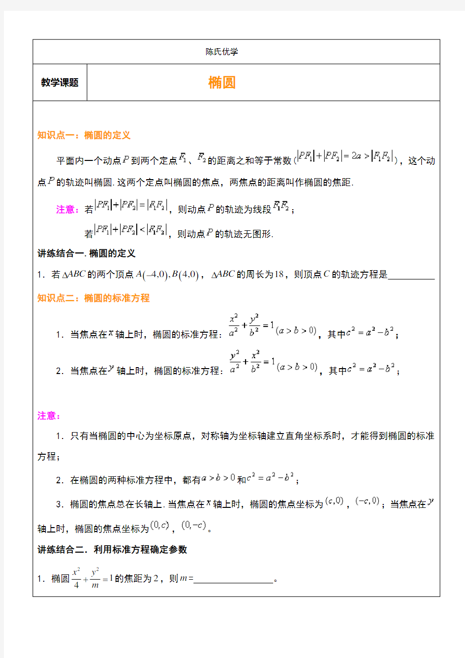 高中数学椭圆,知识题型总结