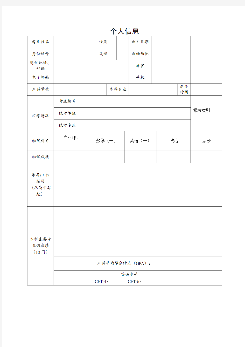 (完整版)考研复试个人简历模板