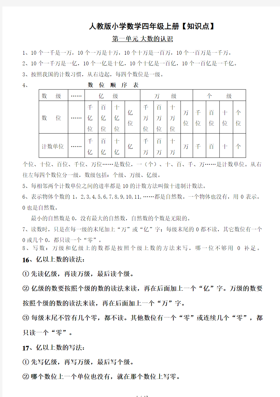 最新人教版小学-四年级数学全册知识点归纳