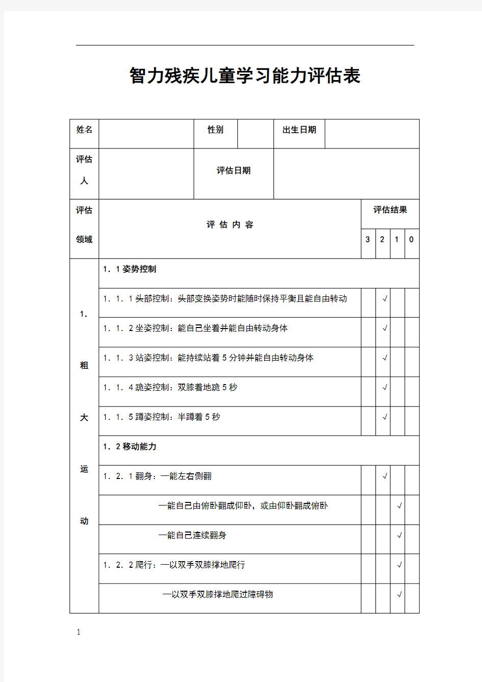 智力残疾儿童学习能力评估表