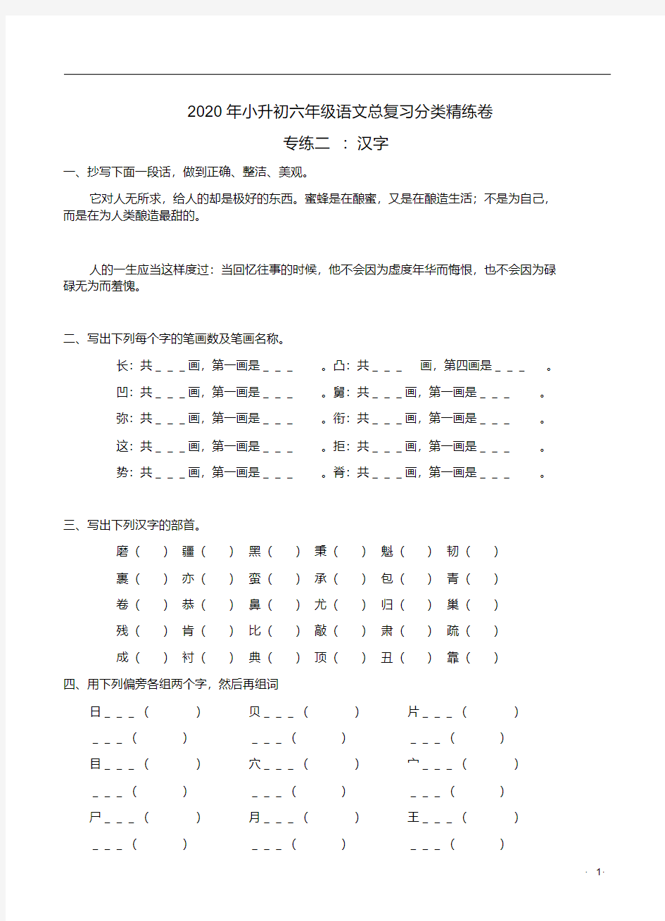 2020年小升初六年级语文总复习分类专项二【汉字】精练卷