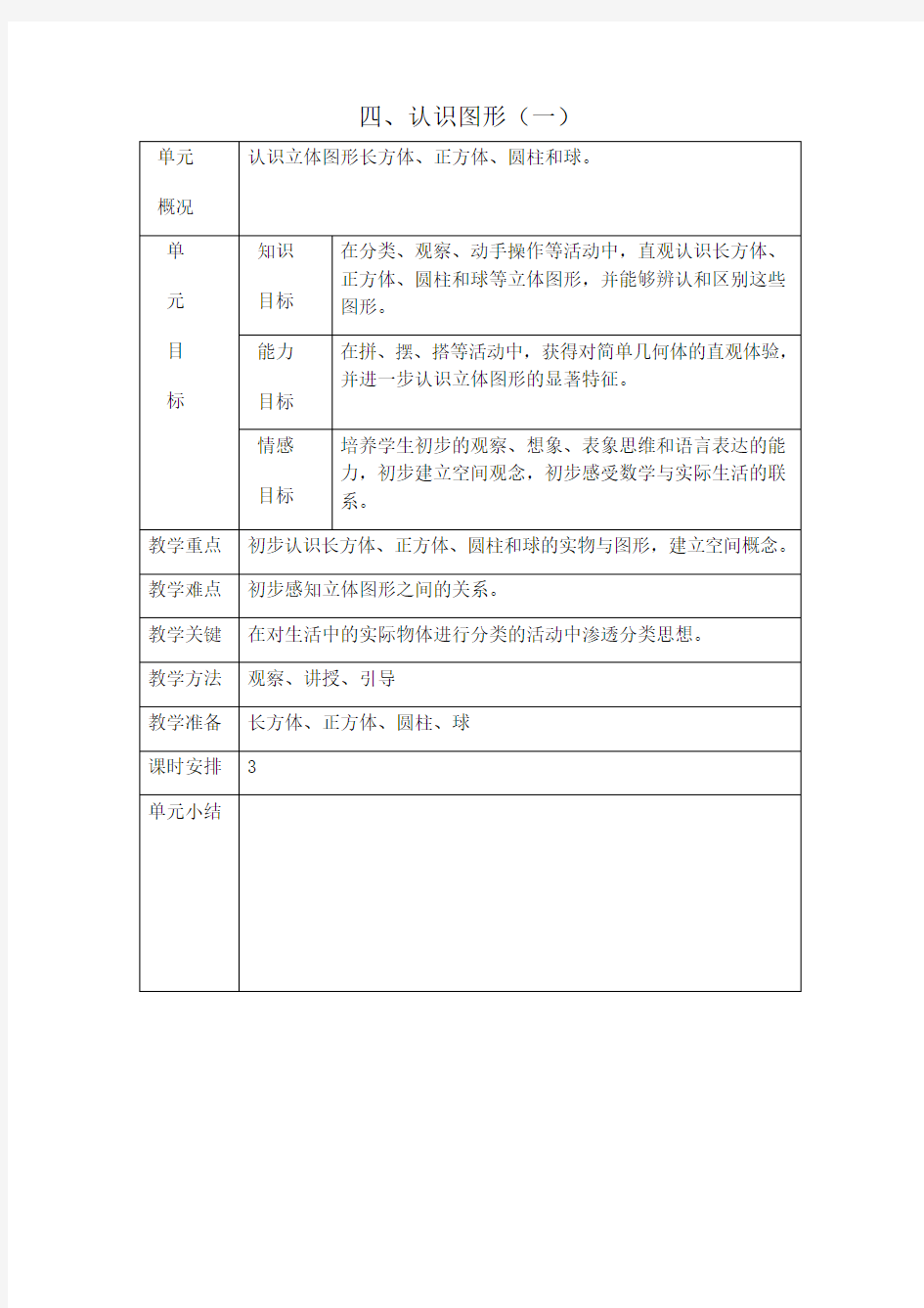 小学一年级数学上认识图形教案