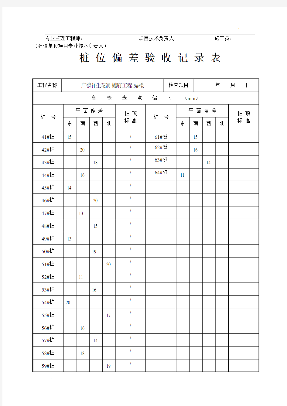 桩位偏差验收记录表