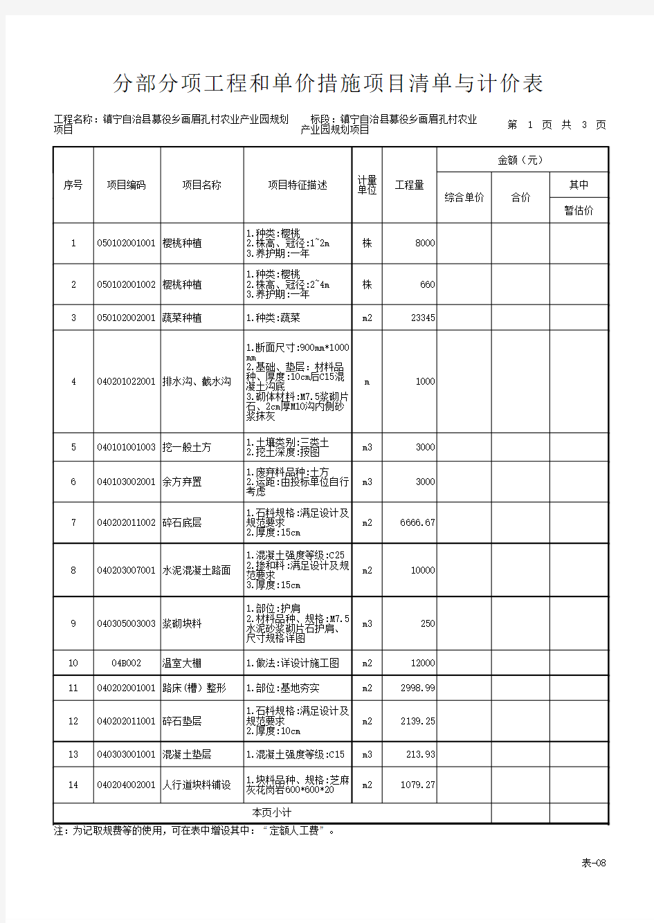 农业产业园建设项目工程量清单