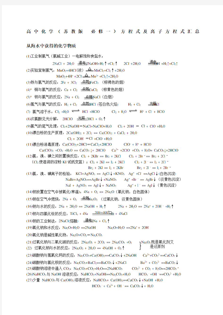 高中化学苏教版必修一方程式及离子方程式汇总