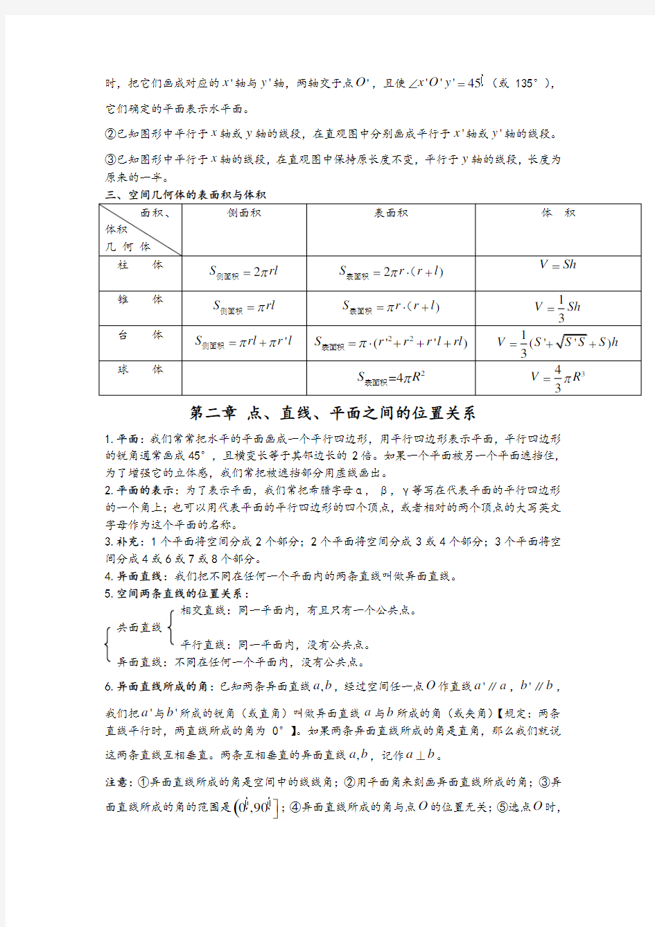 高中数学必修二知识点总结