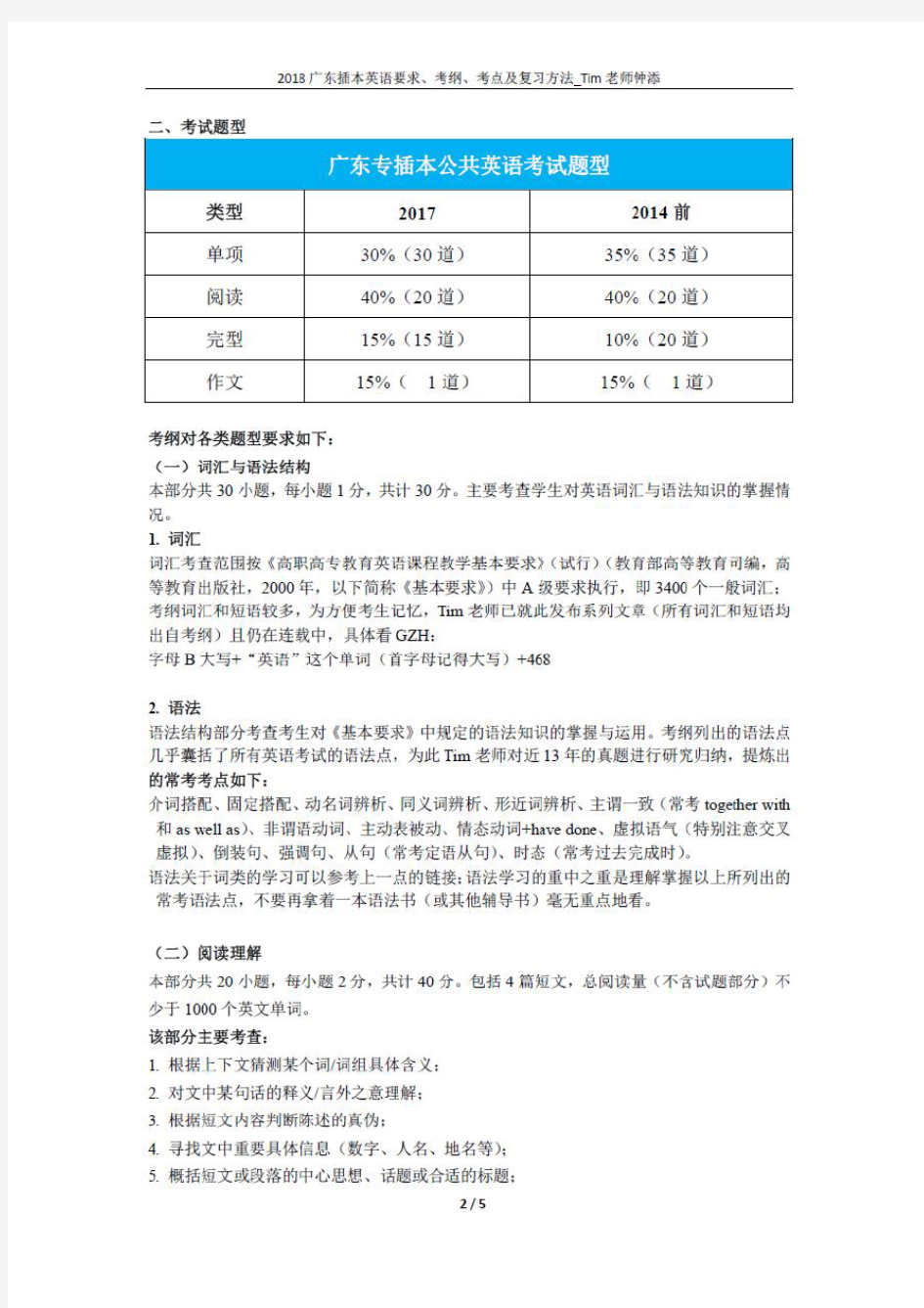 2018 广东专插本英语要求、考纲、考点及复习方法