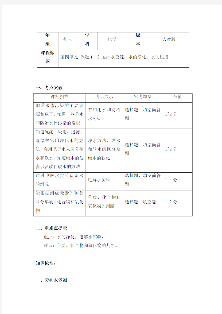 人教版化学九年级上册知识讲义 4.1-4.3爱护水资源;水的净化;水的组成