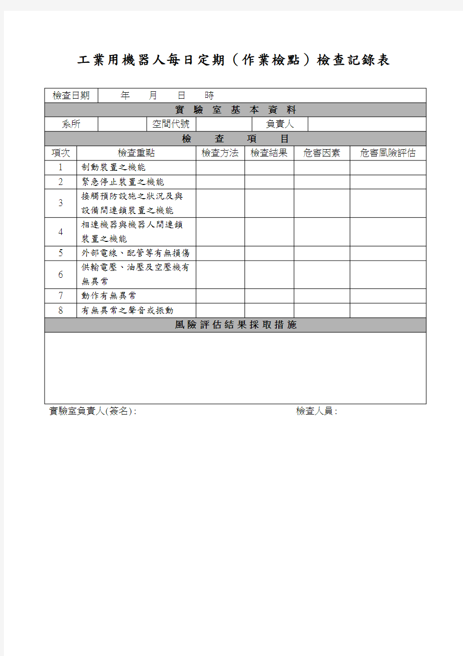 工业用机器人每日定期(作业检点)检查记录表