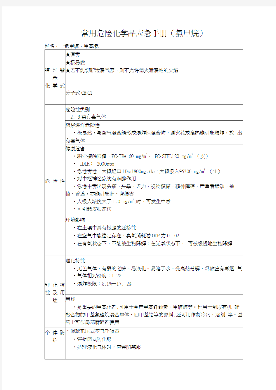 常用危险化学品应急手册(氯甲烷)