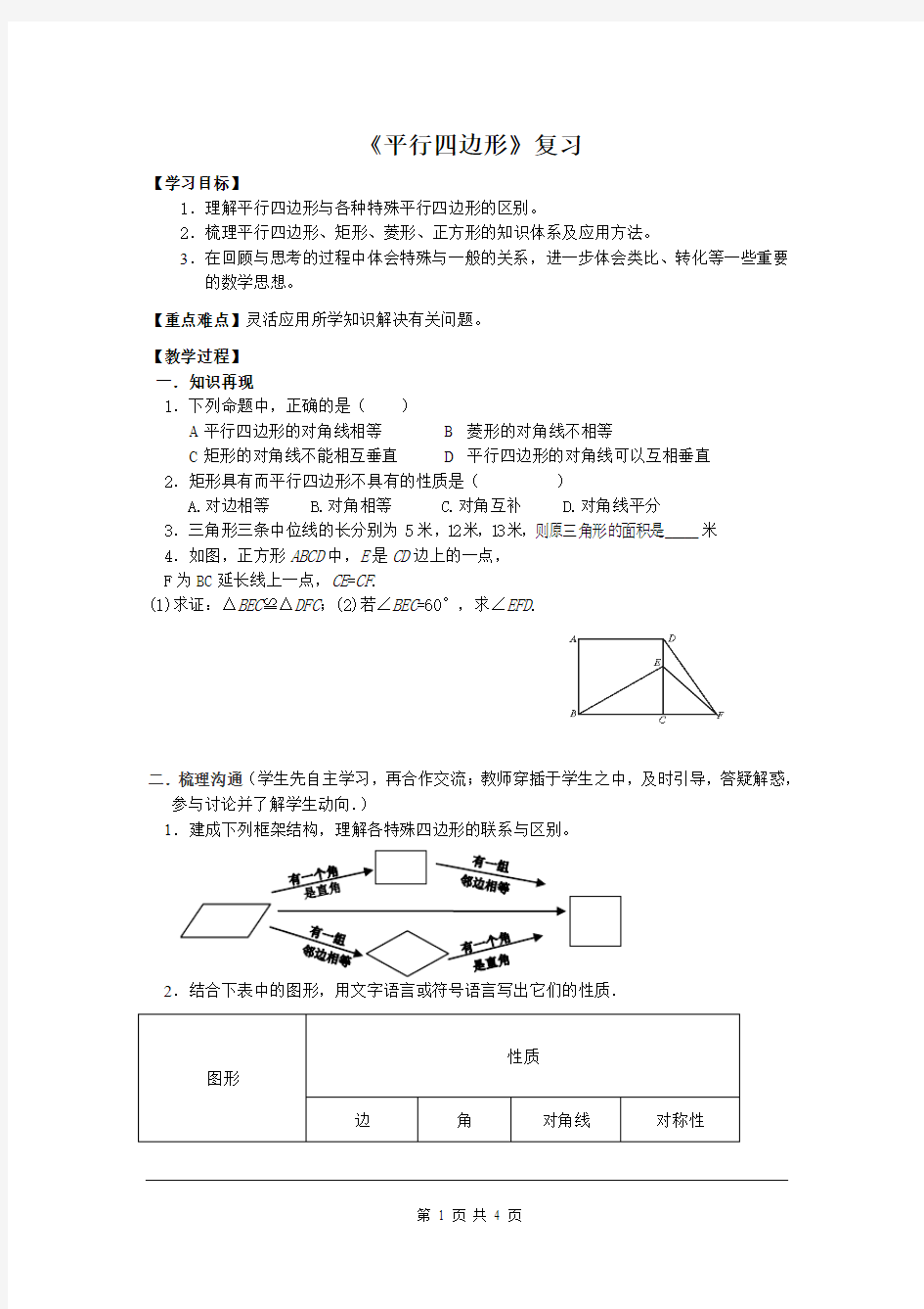 人教版八年级数学下册第十八章《平行四边形》复习 导学案