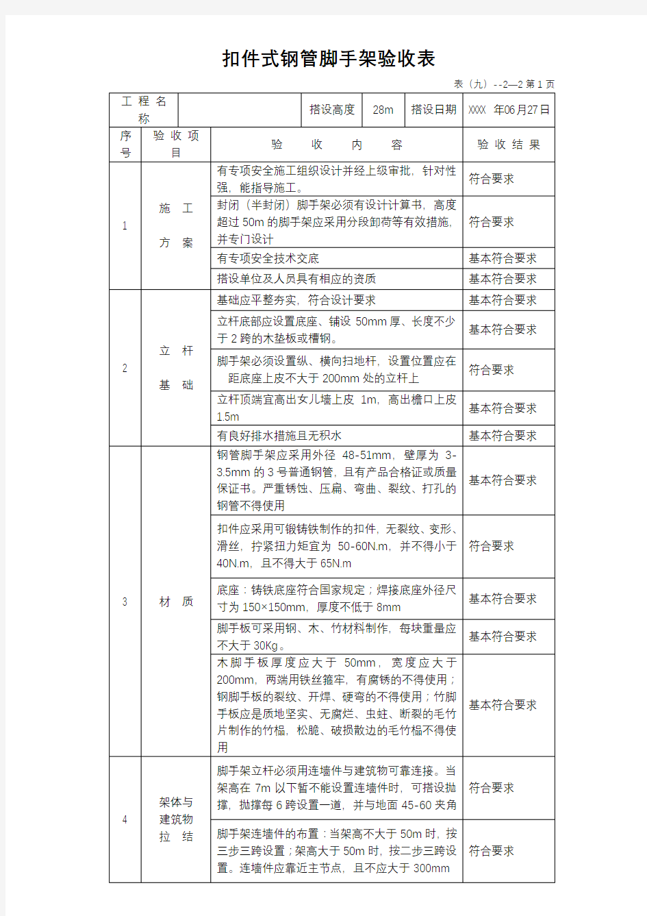 扣件式钢管脚手架验收表