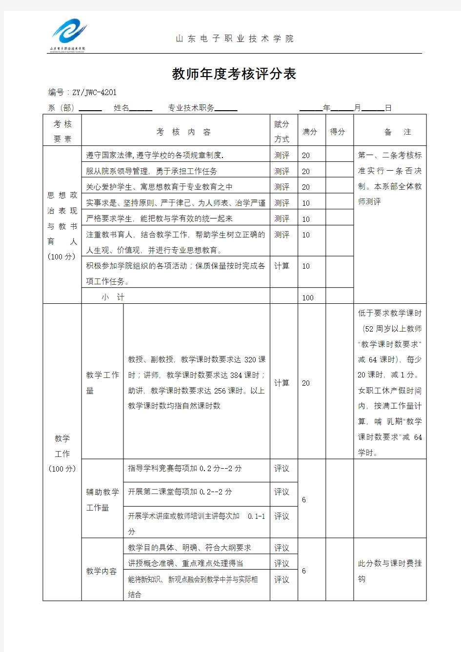 教师年度考核评分表【模板】