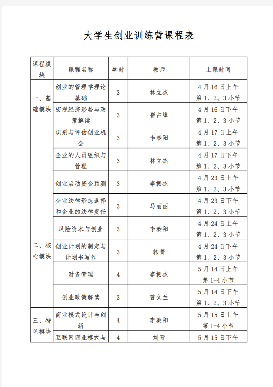 大学生创业训练营课程表