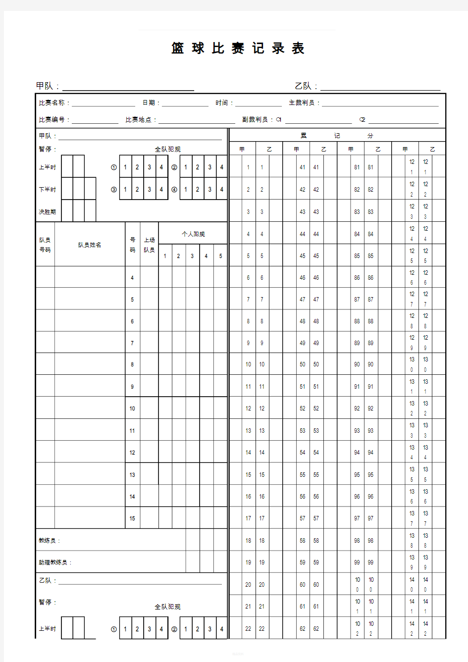 篮球比赛记录表样板