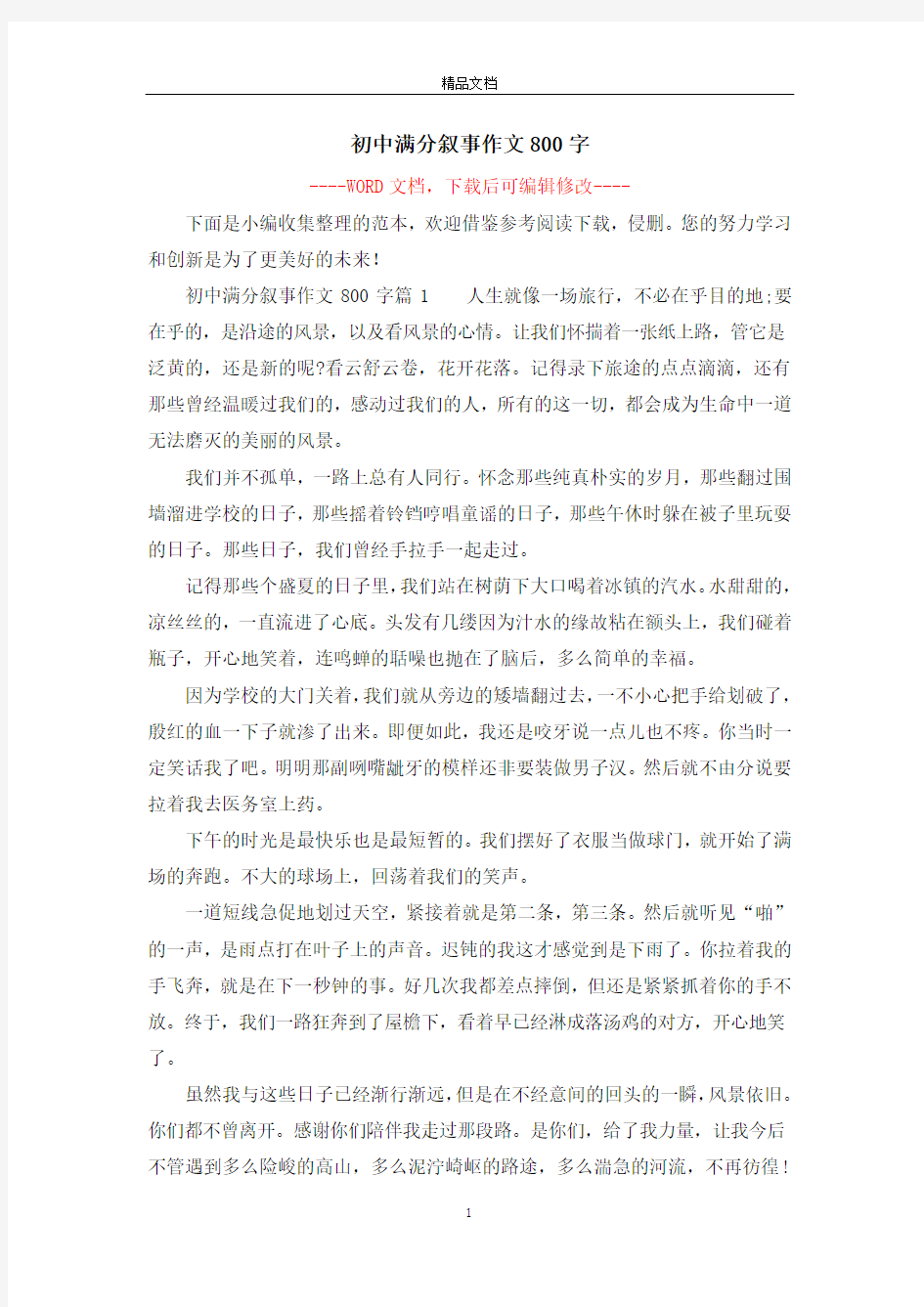 初中满分叙事作文800字