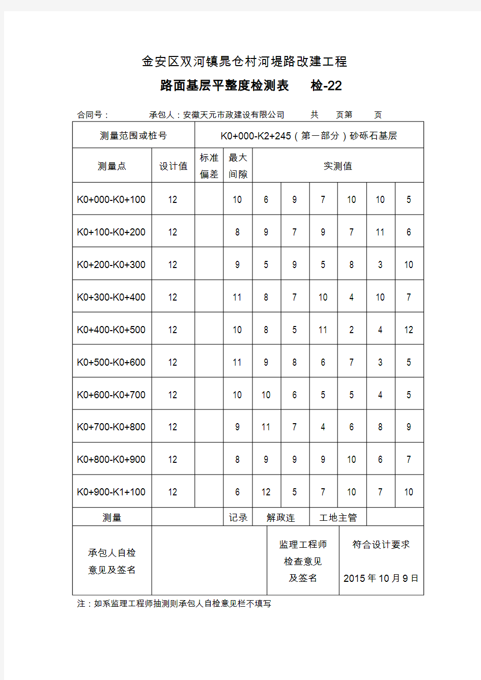 路面基层平整度检测表